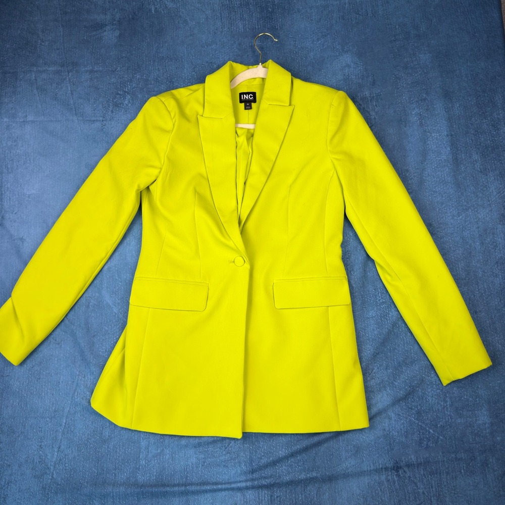 INC International Concepts Neon Lime Yellow Single Button Blazer Jacket Women XS
